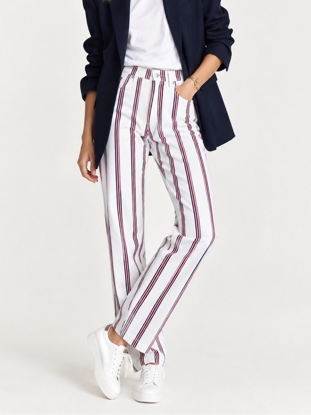 Reformation White Straight Leg Jeans with Red & Navy Stripe